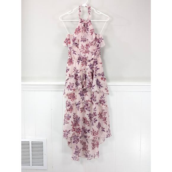 Express Halter Tiered Ruffle Hi-Low Dress in Pink Floral XS TP Tall Petite - Picture 2 of 16
